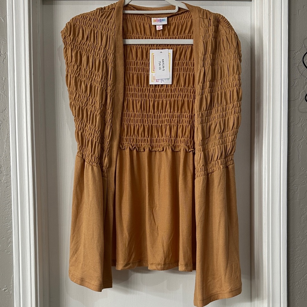 LuLaRoe Kaylin Smocked Open-Front Cardigan Tan